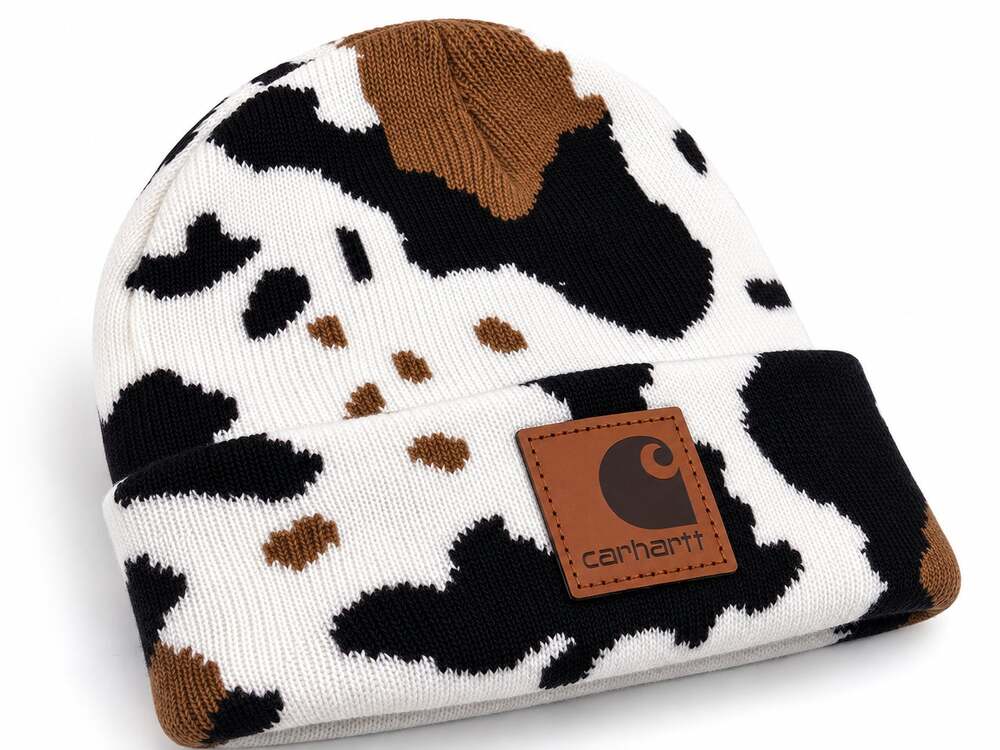 Carhartt Beanie Hat Cow Print Black White Brown Knit Cuffed Winter Cap NWT